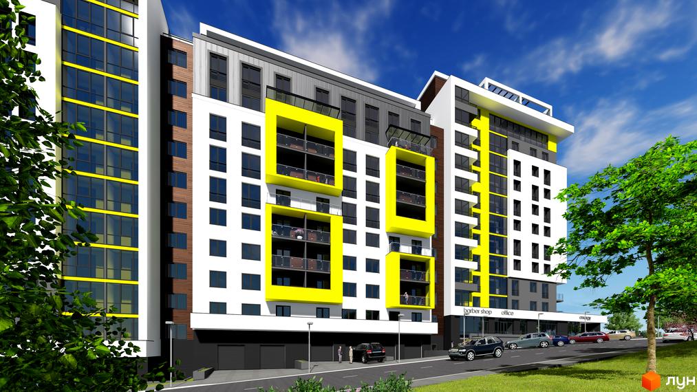 Житловий комплекс Енергія: фасади з жовтими акцентами, панорамними вікнами та балконами. Перед будинком дорога з автомобілями та зелена зона.