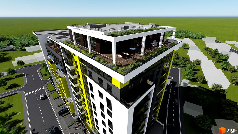 Зовнішній вигляд новобудови ЖК Енергія з яскравими жовтими елементами та терасою на даху. Навколо будівлі розташована прибудинкова територія з деревами та дорогою.