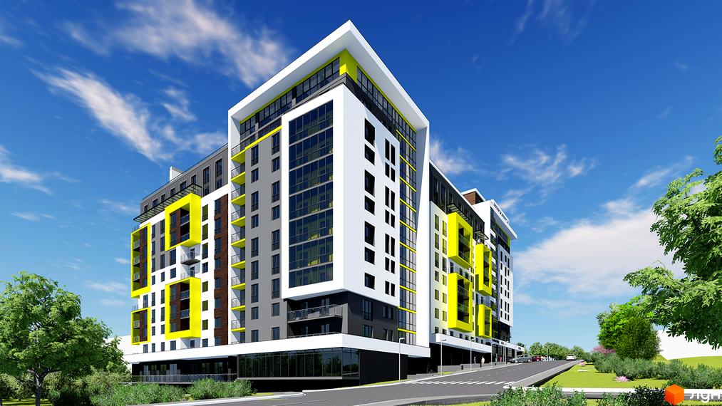 Житловий комплекс Енергія - сучасна багатоповерхова будівля з яскравими жовтими акцентами та панорамними вікнами. Навколо комплексу зелена територія з деревами та кущами.