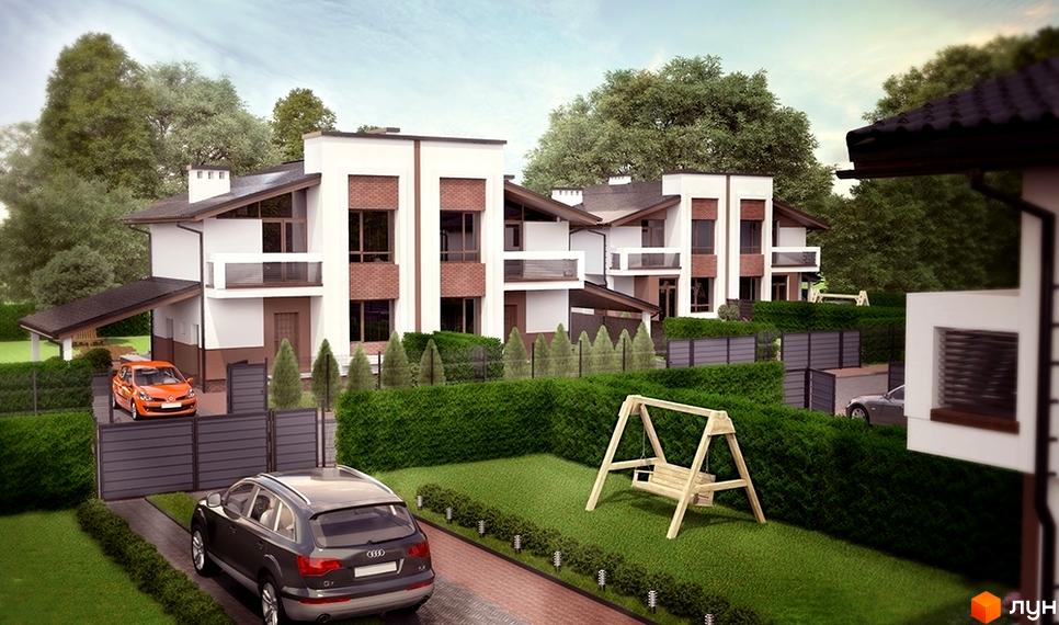 Котеджне містечко КМ Нова Конопниця: двоповерхові будинки з білими фасадами та коричневими елементами, парканом, зеленими насадженнями та зоною відпочинку з гойдалкою. На території є два автомобілі.