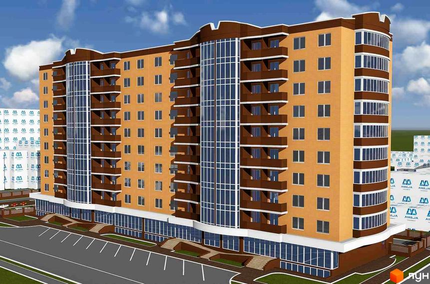 Новобудова на вул. Троїцька, 74 – це багатоповерховий будинок з цегляним фасадом жовтого кольору та коричневими декоративними елементами, балконами та великими вікнами. Перед будинком розташований паркінг та зелені насадження.