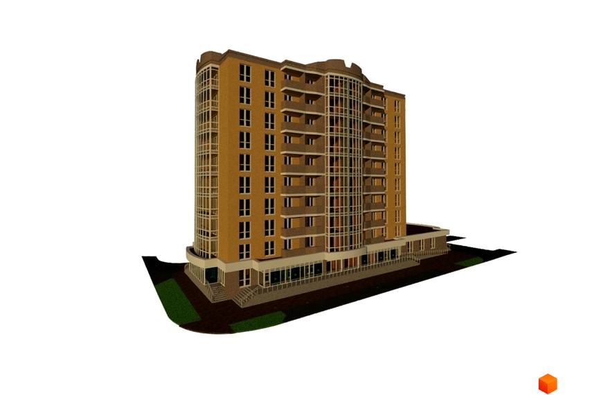 Зовнішній вигляд новобудови на вул. Майора Борищака, 17/48. Багатоповерховий будинок жовтого кольору з балконами та скляними елементами. Прибудинкова територія з зеленими насадженнями та доріжками.