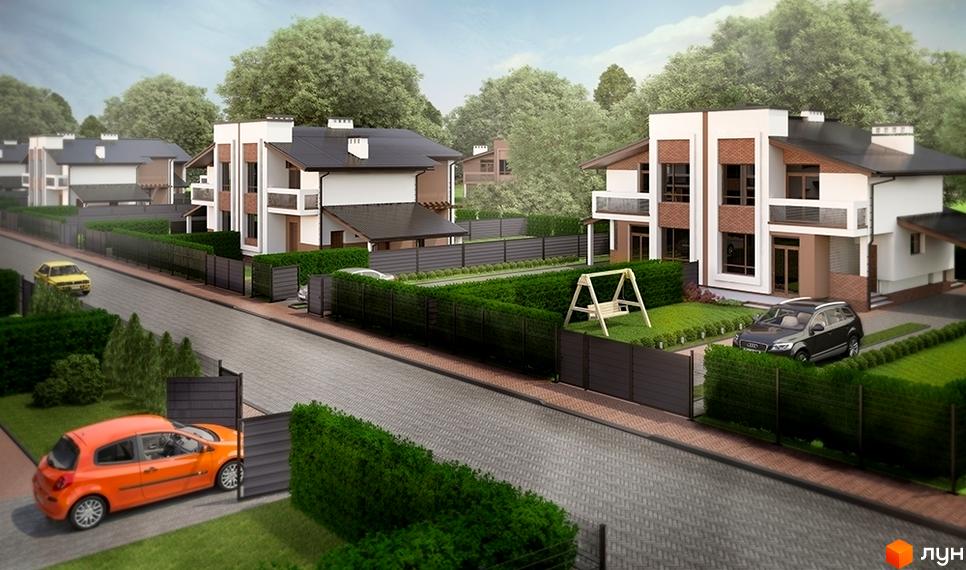 Котеджне містечко Нова Конопниця: сучасні двоповерхові будинки з цегляними вставками та балконами. Прибудинкова територія з доглянутими газонами, парканами та гойдалкою.