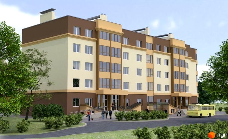 Житловий комплекс Дмитрівський: багатоповерхова будівля з бежево-коричневим фасадом та численними вікнами. Перед ним жовтий автобус та зелені дерева.