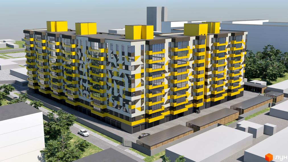 Багатоповерховий будинок Житлового комплексу Хмельницький з жовто-сірим фасадом та балконами. Навколо зелені насадження, дороги та паркувальні місця.