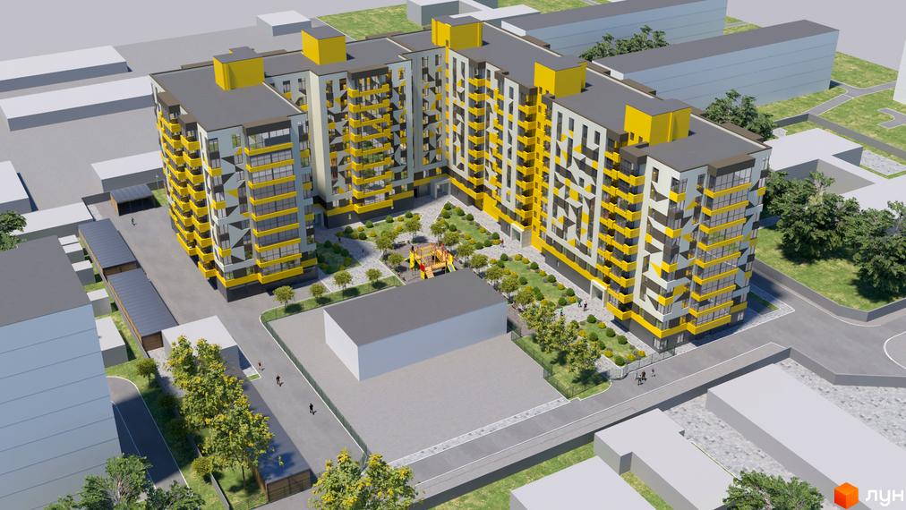 Вигляд зверху на Житловий комплекс Хмельницький: багатоповерхові будівлі з жовтими елементами та внутрішній двір з озелененням і дитячим майданчиком.