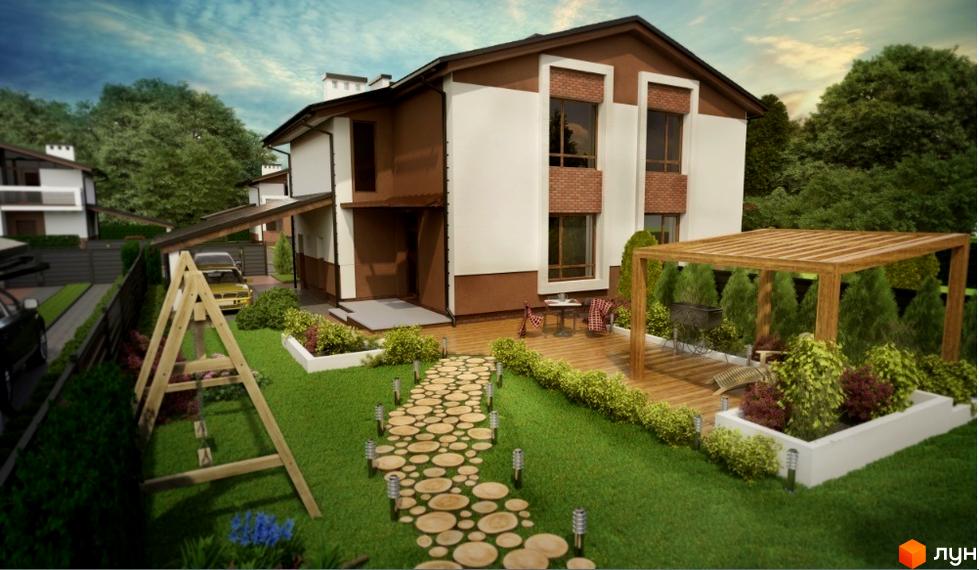 Котеджне містечко КМ Нова Конопниця. Двоповерховий будинок з коричнево-білим фасадом, цегляними вставками та великими вікнами. На прибудинковій території розташована дерев'яна альтанка, зона відпочинку та доріжка з круглих спилів.