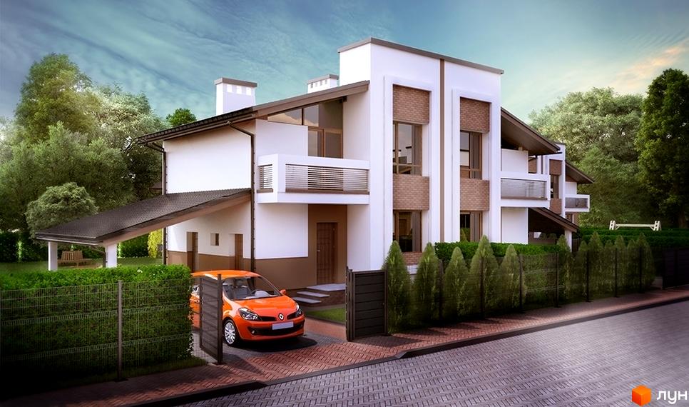 Котеджне містечко Нова Конопниця. Зовнішній вигляд двоповерхового будинку з балконами та навісом для авто. Прибудинкова територія з парканом та зеленими насадженнями.