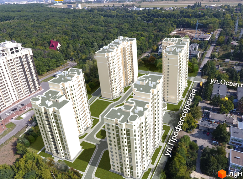 Житловий комплекс Сокільники. Фотографія новобудови з висоти пташиного польоту, що демонструє кілька багатоповерхових будинків та зелену прибудинкову територію.