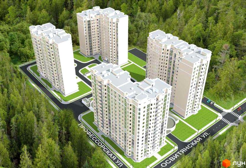 Житловий комплекс Сокільники: вид з висоти пташиного польоту на багатоповерхові будинки та зелену прибудинкову територію. Навколо комплексу розташований ліс.