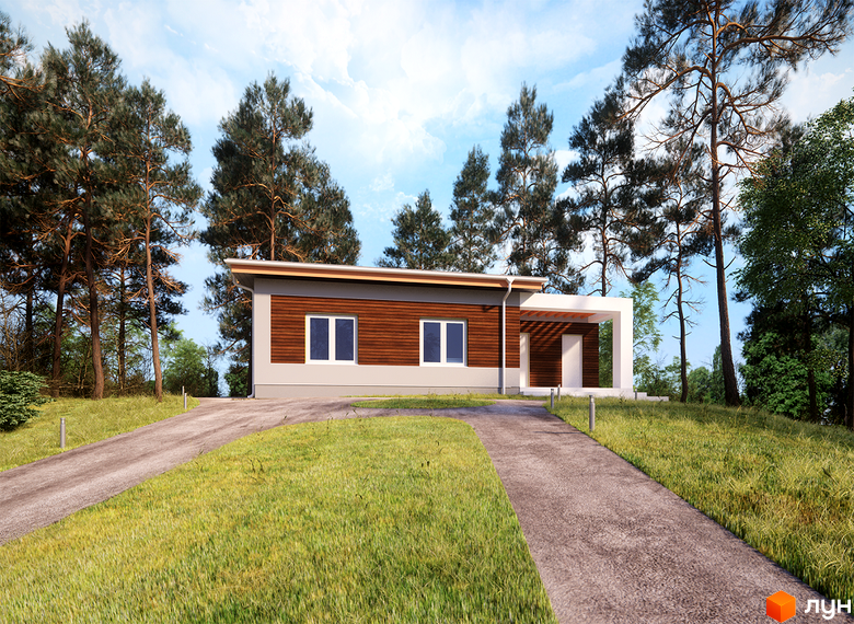 Котеджне містечко Timberville: одноповерховий будинок з дерев'яним фасадом та критим входом, оточений травою та високими соснами.