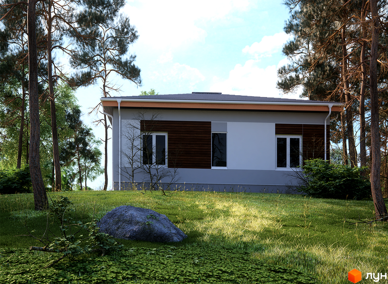 Котеджне містечко Timberville: одноповерховий будинок з дерев'яними та сірими елементами фасаду, розташований на зеленій ділянці з деревами та великим каменем.