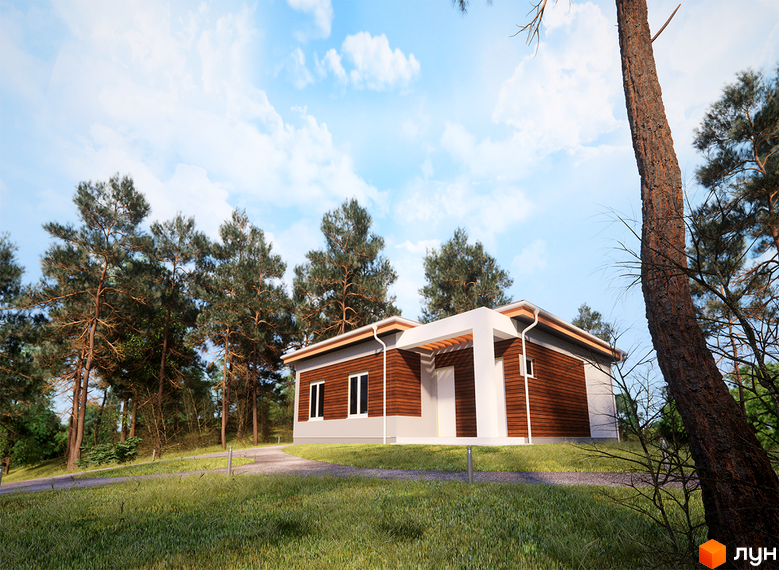 Котеджне містечко КМ Timberville. Одноповерховий будинок з коричневим фасадом та білими вікнами, розташований серед зелених дерев та трави.