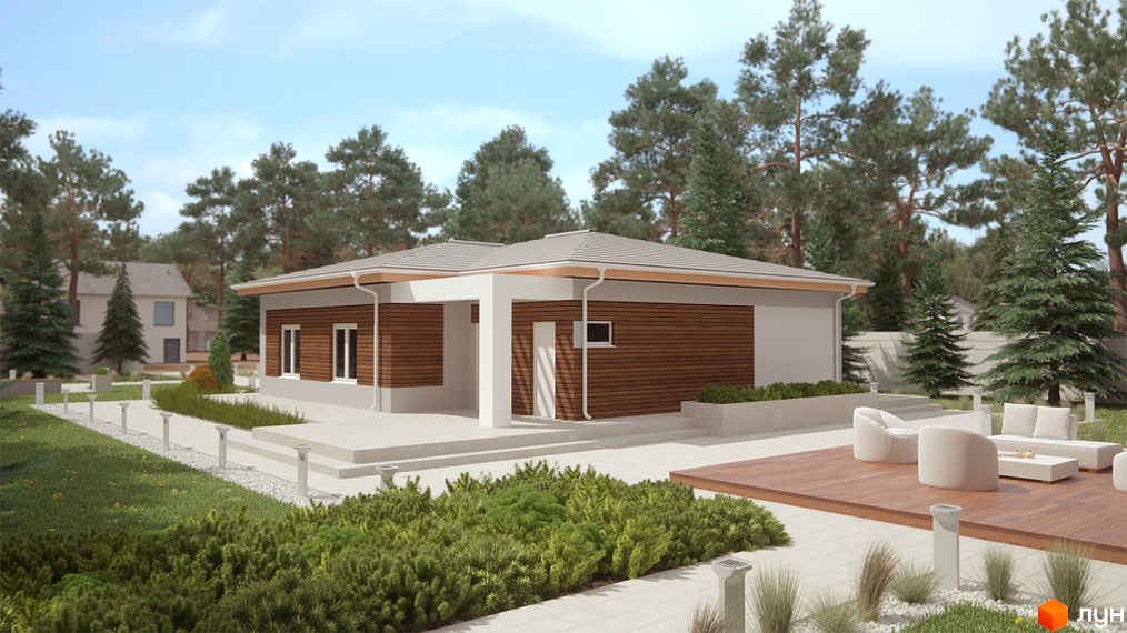 Котеджне містечко КМ Timberville: одноповерховий будинок з дерев'яним фасадом та білими колонами, прибудинкова територія з терасою та зоною відпочинку.