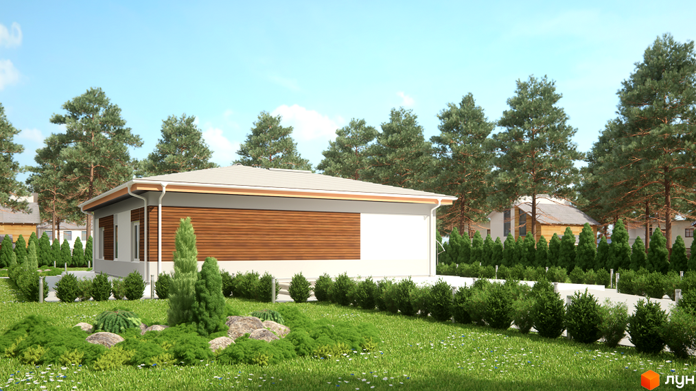 Котеджне містечко КМ Timberville. Будинок з дерев'яним фасадом та білою стіною, оточений зеленими насадженнями та деревами.