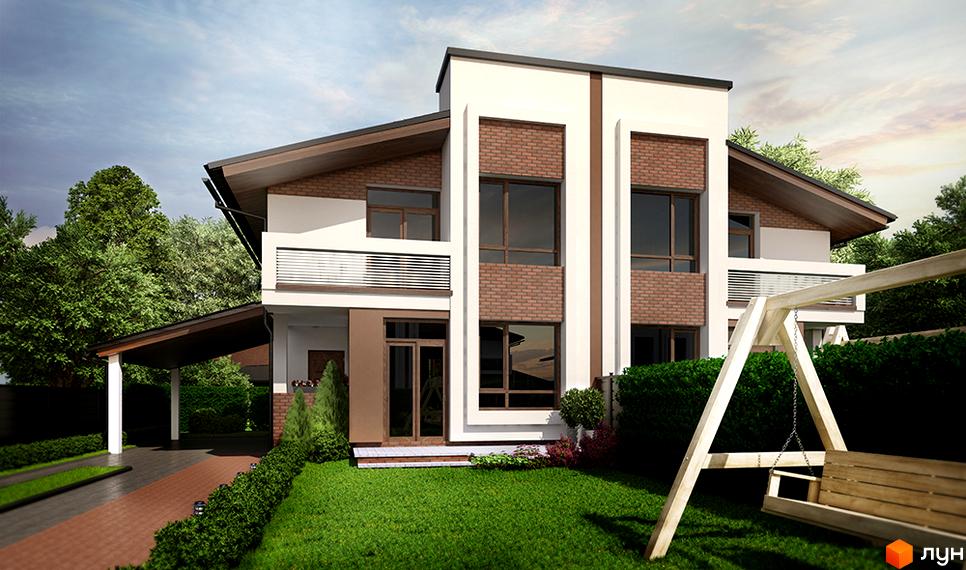 Котеджне містечко Нова Конопниця: двоповерховий будинок з цегляними вставками, великими вікнами, балконами та навісом для авто. Прибудинкова територія з газоном, кущами та гойдалкою.