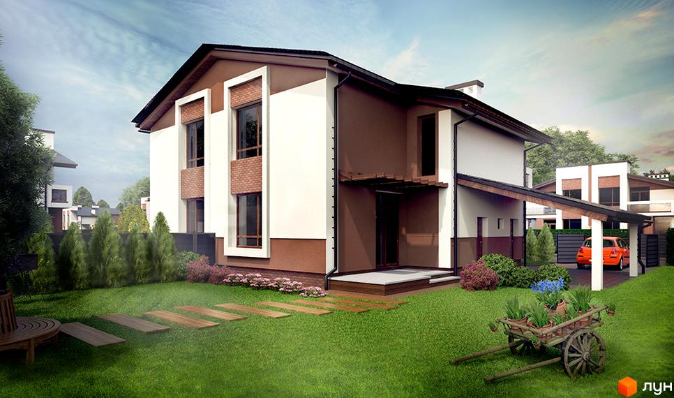 Котеджне містечко КМ Нова Конопниця. Зовнішній вигляд двоповерхового будинку з коричневими та білими фасадами, вікнами з цегляним оздобленням та навісом для авто. Прибудинкова територія з зеленим газоном, дерев'яними доріжками та квітковими клумбами.