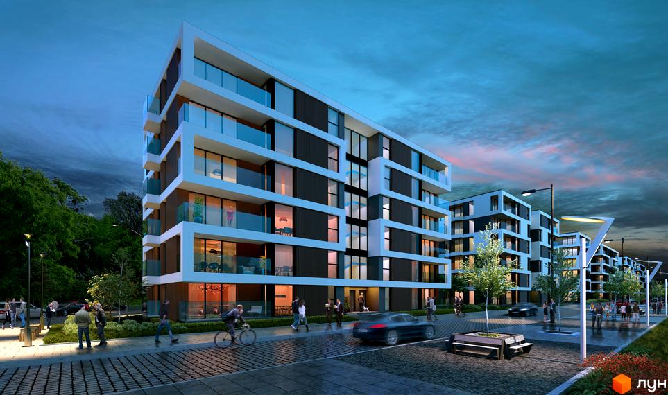 Новобудова Grand Village з білими фасадами та скляними балконами. Навколо будинку доглянута прибудинкова територія з деревами та пішохідними доріжками.