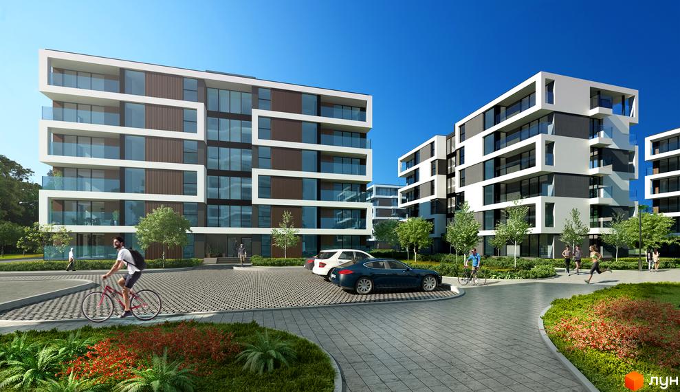 Новобудова ЖК Grand Village з білими фасадами, скляними балконами та темними вікнами. На прибудинковій території розташовані зелені насадження, доріжки та автомобілі.