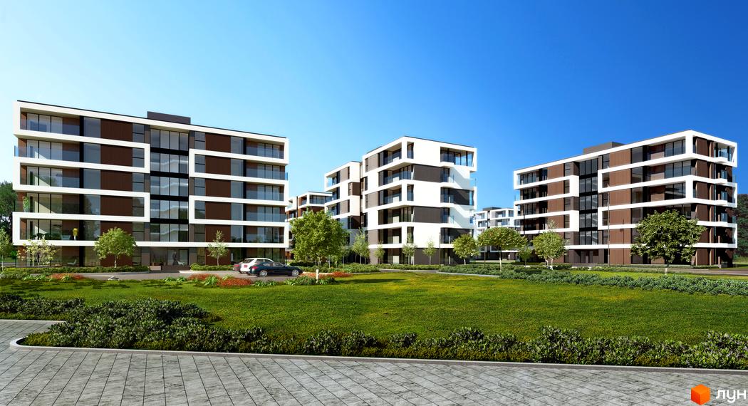 Житловий комплекс Grand Village з біло-коричневими фасадами та великими вікнами. Навколо комплексу зелений газон та дерева.