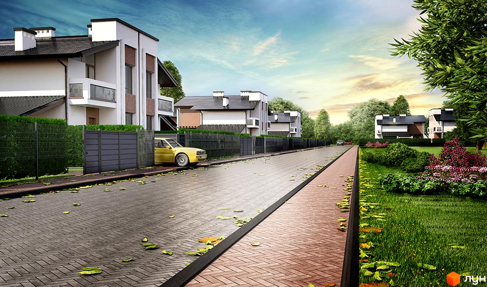 Котеджне містечко КМ Нова Конопниця: сучасні будинки з білими фасадами та темними дахами, огороджені парканом. Прибудинкова територія з доглянутим газоном, квітами та бруківкою.