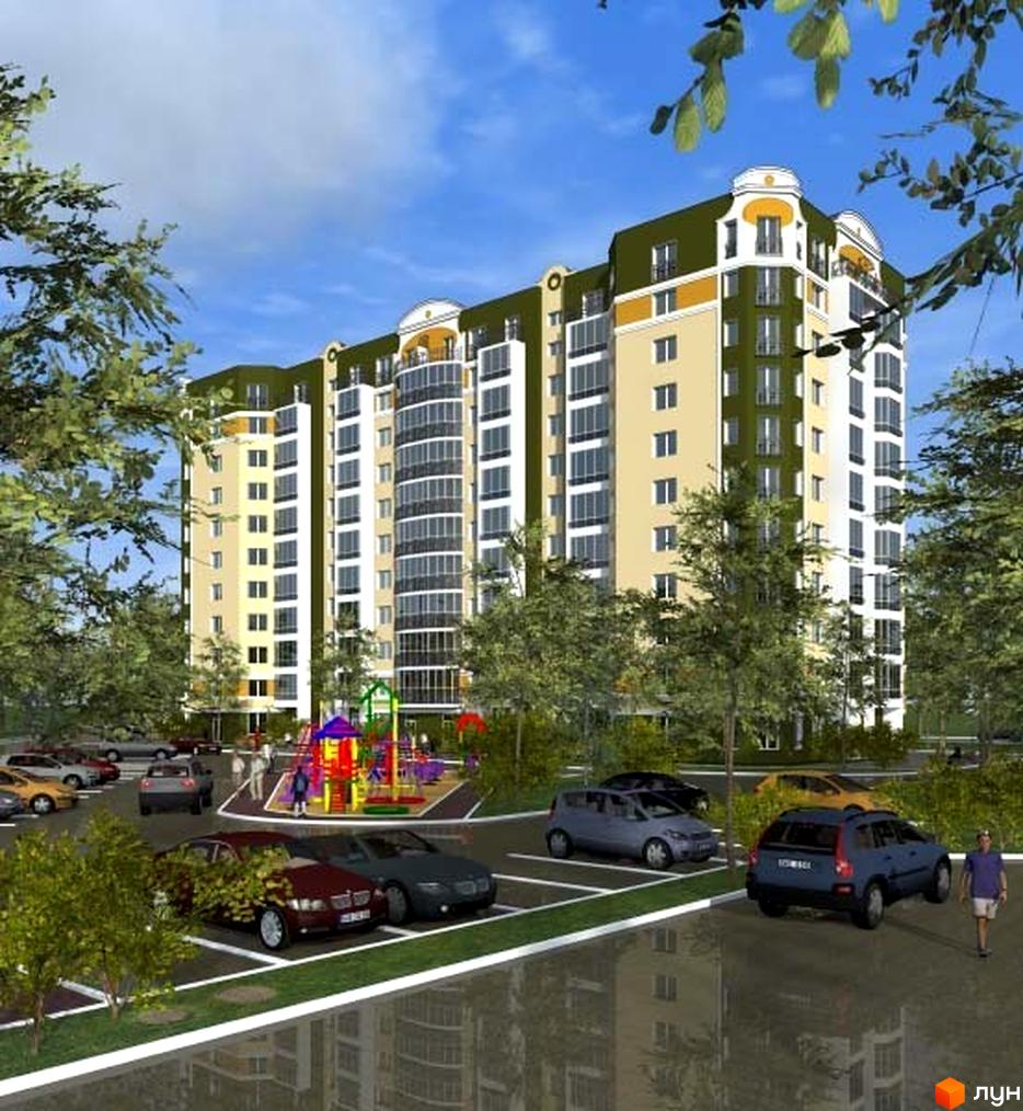 Зовнішній вигляд багатоповерхового житлового комплексу з зеленим дахом та світлими фасадами. На прибудинковій території розташовані дитячий майданчик та парковка з автомобілями.