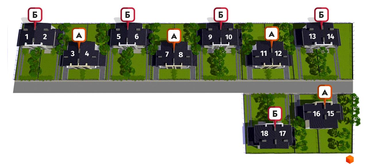 Котеджне містечко Нова Конопниця: вид зверху на будинки з номерами 1-18, зелену прибудинкову територію з деревами та доріжками.