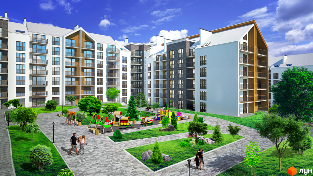Житловий комплекс Гостомель Residence: багатоповерхові будинки з білими та сірими фасадами, балконами, та зелений двір з дитячими майданчиками.