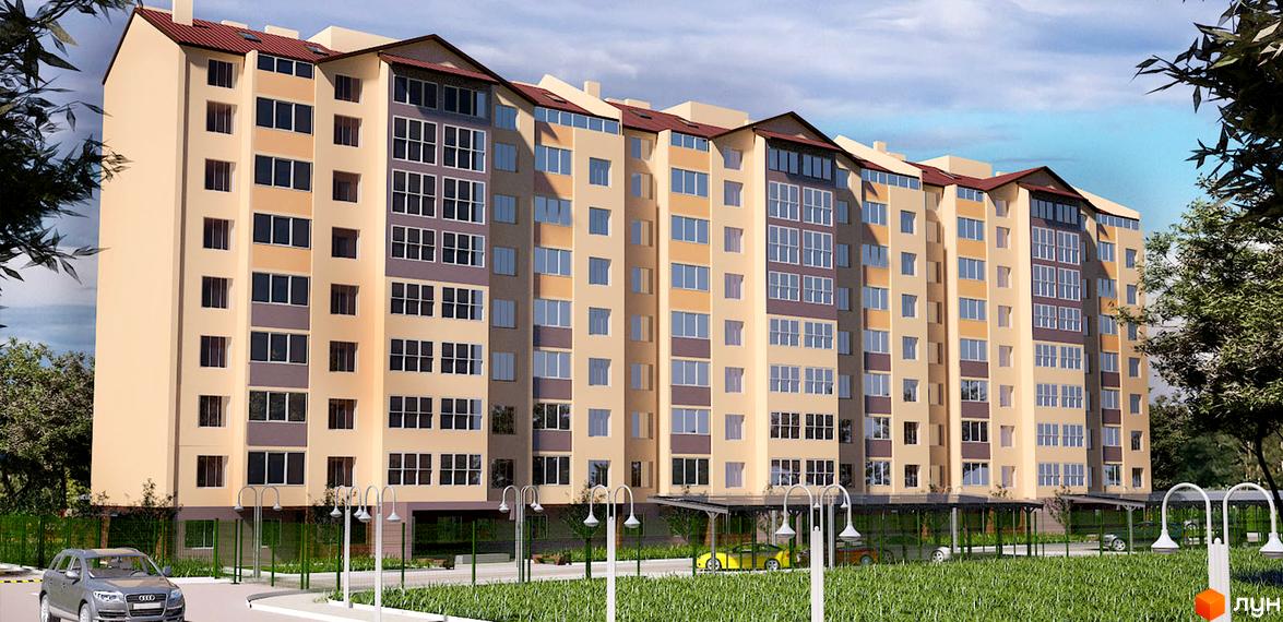 Новобудова ЖК Абрикос з фасадом у світлих тонах та червоним дахом. Прибудинкова територія з зеленим газоном, парковкою та ліхтарями.