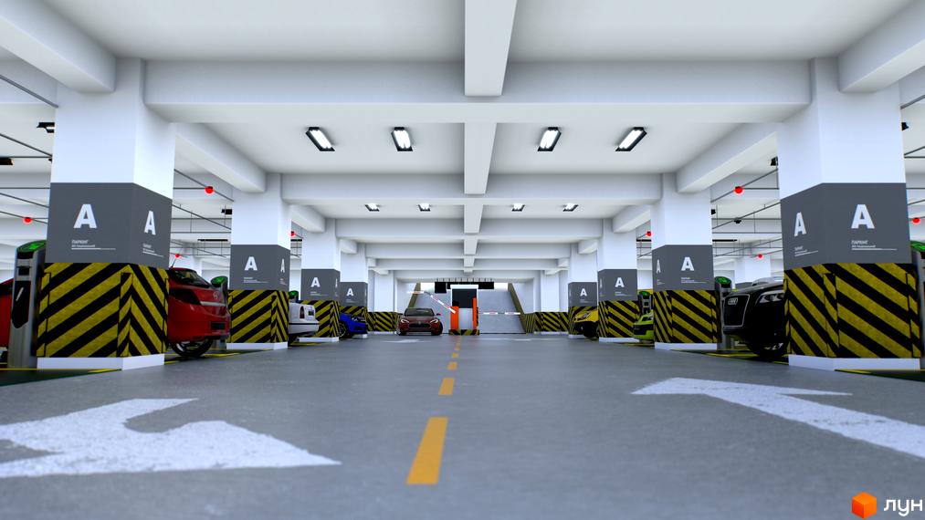 Підземний паркінг в ЖК Національний з розміткою та автомобілями. Світле приміщення з колонами та покажчиками.