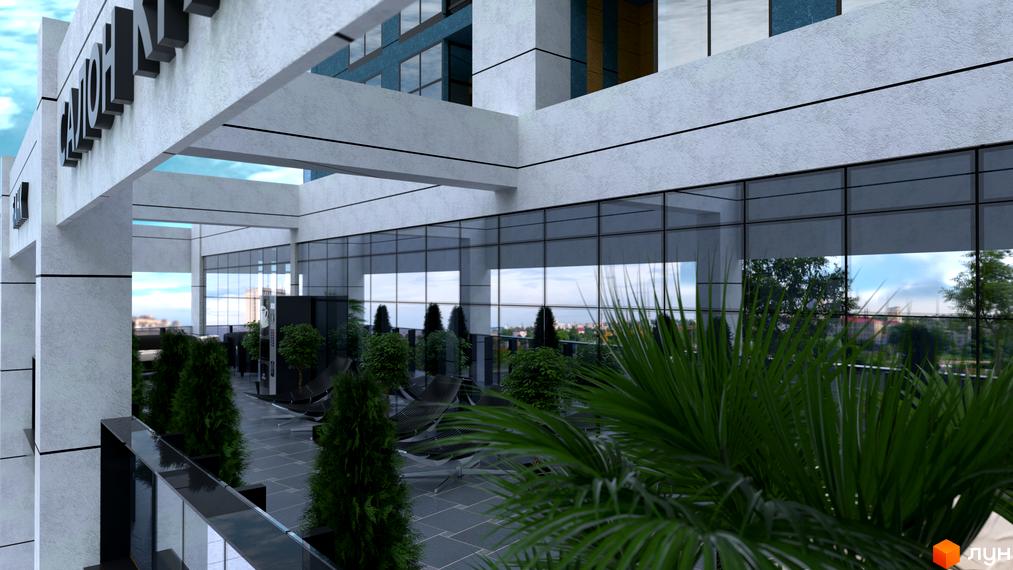 Житловий комплекс Національний з панорамними вікнами та терасою. На терасі розташовані рослини та місця для відпочинку.