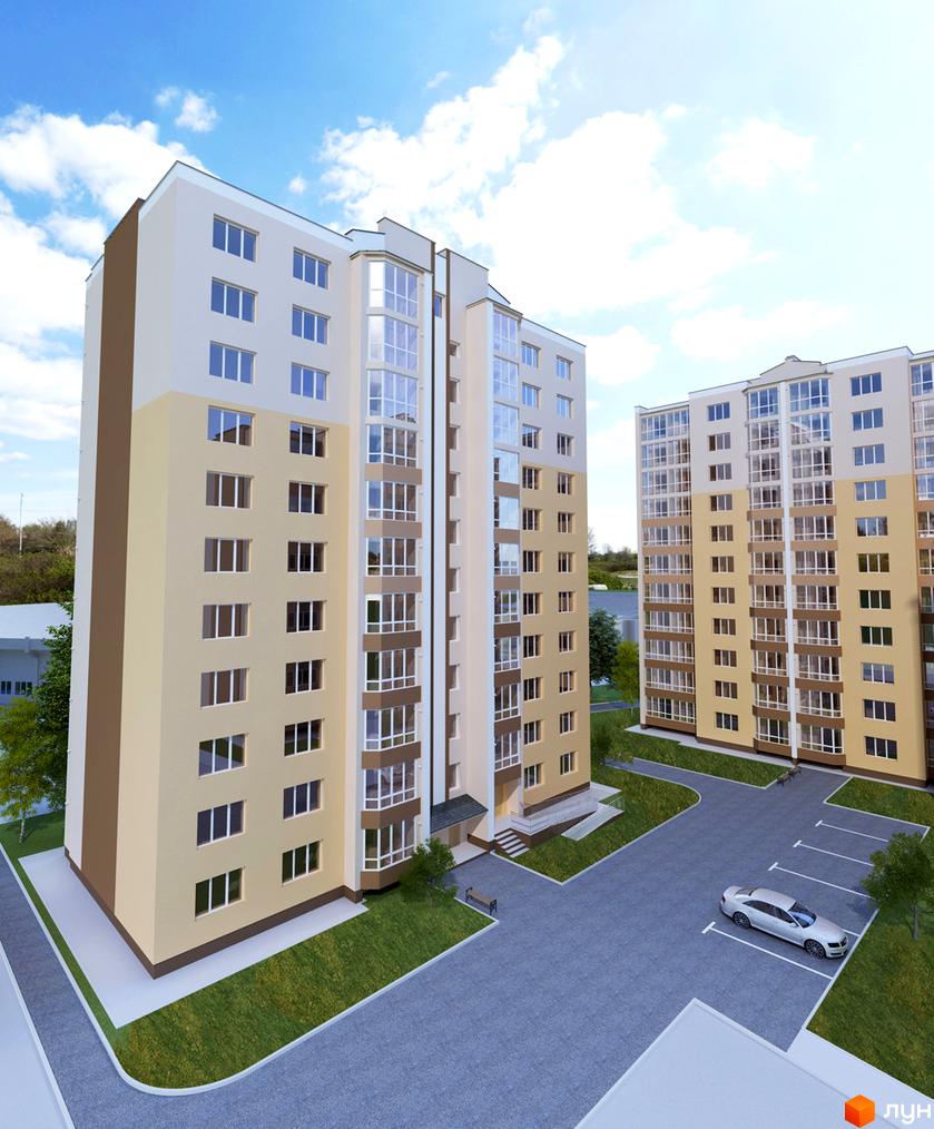 Будівельний проєкт на вул. Замостянська (50-річчя Перемоги), 18. Зовнішній вигляд будівель з вікнами та балконами, прибудинкова територія з парковкою та зеленими насадженнями.