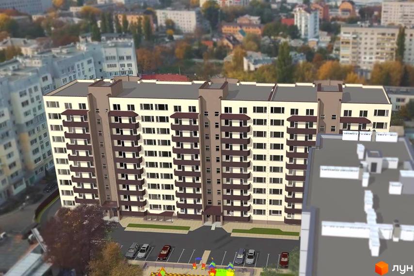 Зовнішній вигляд багатоповерхового будинку з балконами та паркінгом. Фото новобудови вул. Ігоря Сердюка, 19.