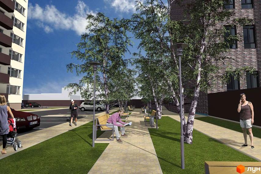 Зовнішній вигляд житлового комплексу на вул. Ігоря Сердюка, 19. Прибудинкова територія з лавками, деревами та пішохідною доріжкою.