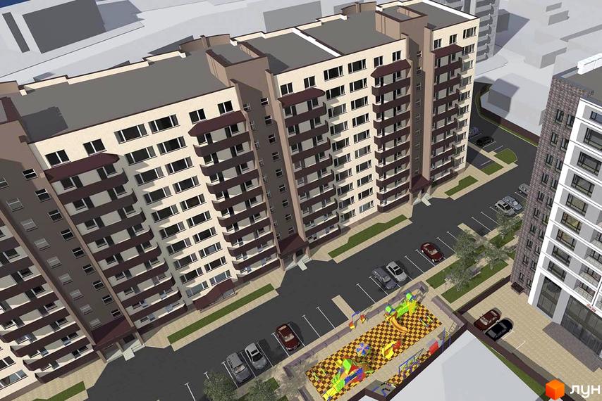 Зовнішній вигляд багатоповерхових будинків житлового комплексу на вулиці Ігоря Сердюка, 19. Поруч розташований дитячий майданчик та парковка з автомобілями.