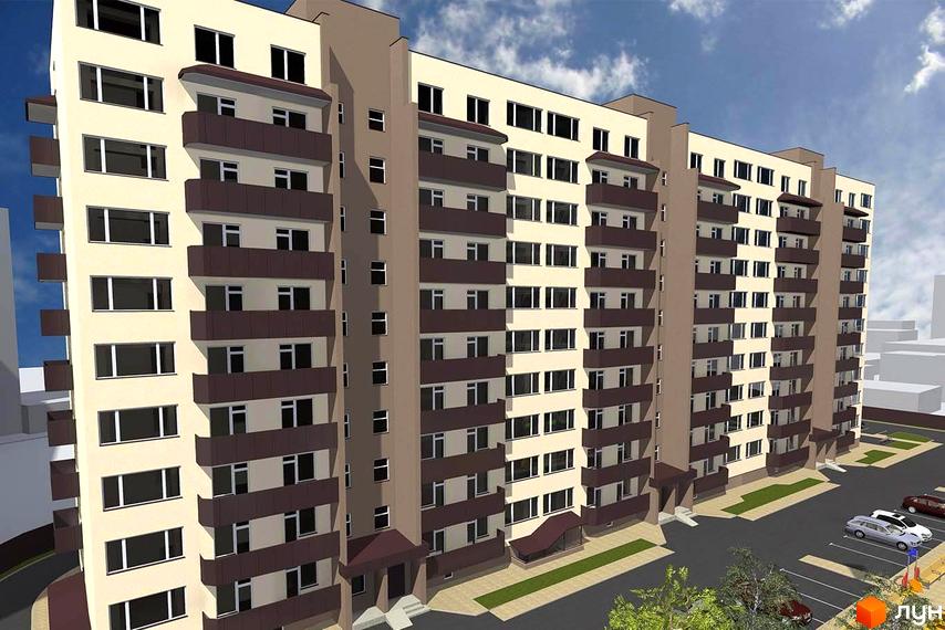 Зовнішній вигляд багатоповерхового житлового комплексу з балконами та парковкою. Опис новобудови за адресою вул. Ігоря Сердюка, 19.