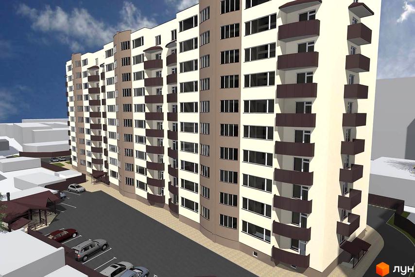 Зовнішній вигляд житлового будинку на вул. Ігоря Сердюка, 19, з балконами та великими вікнами. Прибудинкова територія з парковкою та навісом.