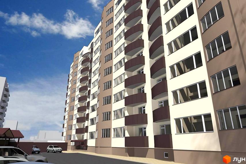 Новобудова на вулиці Ігоря Сердюка, 19, з коричневими та білими фасадами, балконами та великими вікнами. На прибудинковій території є парковка з автомобілями.