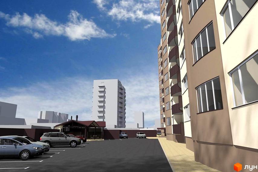 Зовнішній вигляд житлового комплексу на вул. Ігоря Сердюка, 19, з парковкою та сусідніми будівлями. Новий житловий комплекс з багатоповерховими будинками та балконами.