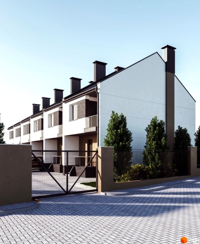 Зовнішній вигляд таунхаусів Зубрівка з цегляними вставками та великими вікнами. Прибудинкова територія з бруківкою та огородженою територією.