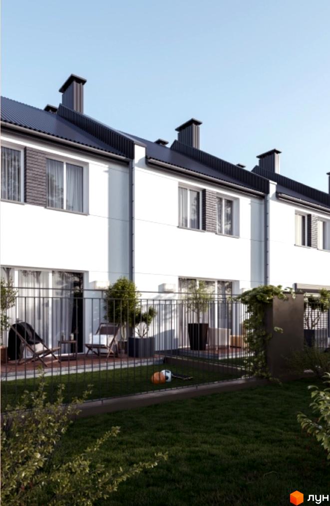 Зовнішній вигляд таунхаусів Зубрівка з білими фасадами та темними дахами. Прибудинкова територія з доглянутим газоном та огорожею.