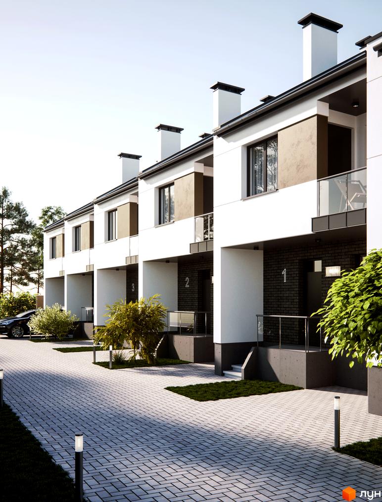 Зовнішній вигляд таунхаусів Зубрівка з білими фасадами та темними дахами. Прибудинкова територія з бруківкою та зеленими насадженнями.