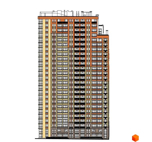 Фасад житлового комплексу Еврика з численними вікнами та балконами. Будинок має багатоповерхову структуру з різнокольоровими секціями.