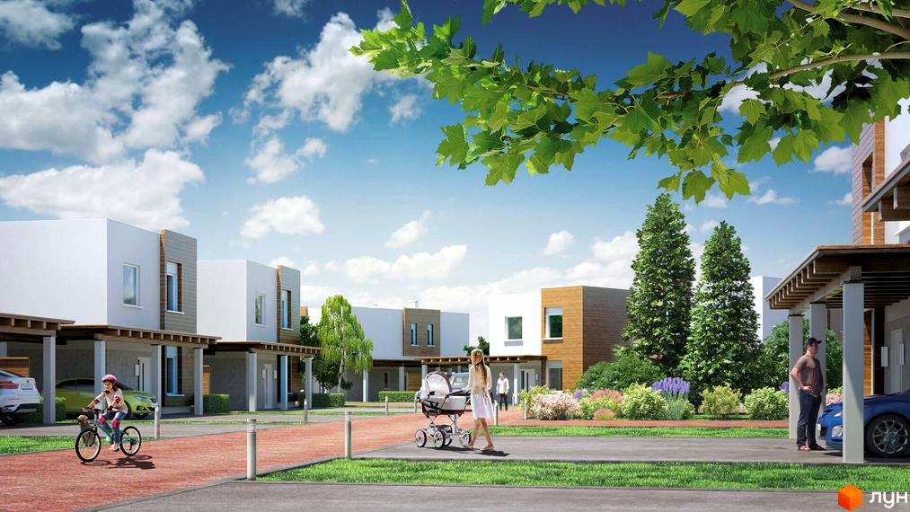 Котеджне містечко На Щасливій: білі двоповерхові будинки з дерев'яними елементами та навісами. На території дитячий майданчик, зелені насадження та доріжки для прогулянок.