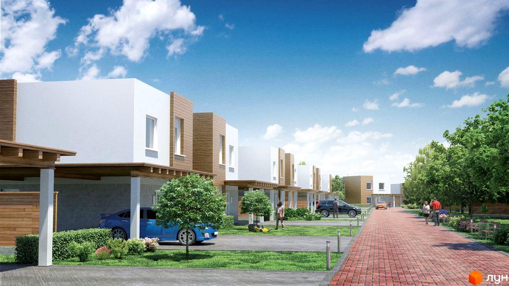 Котеджне містечко КМ На Щасливій. Зовнішній вигляд будинків з дерев'яними елементами та білими фасадами. Прибудинкова територія з зеленими насадженнями та доріжками.