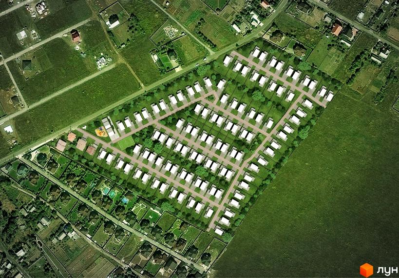 КМ На Щасливій – вид зверху на котеджну забудову з білими будинками та доглянутими ділянками. На території комплексу є дитячий майданчик та спортивна зона.