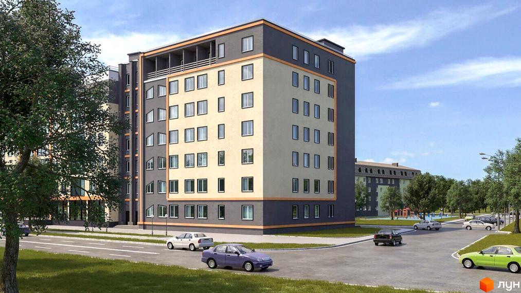 Багатоповерховий будинок житлового комплексу з великими вікнами. На прибудинковій території є парковка та зелені насадження.