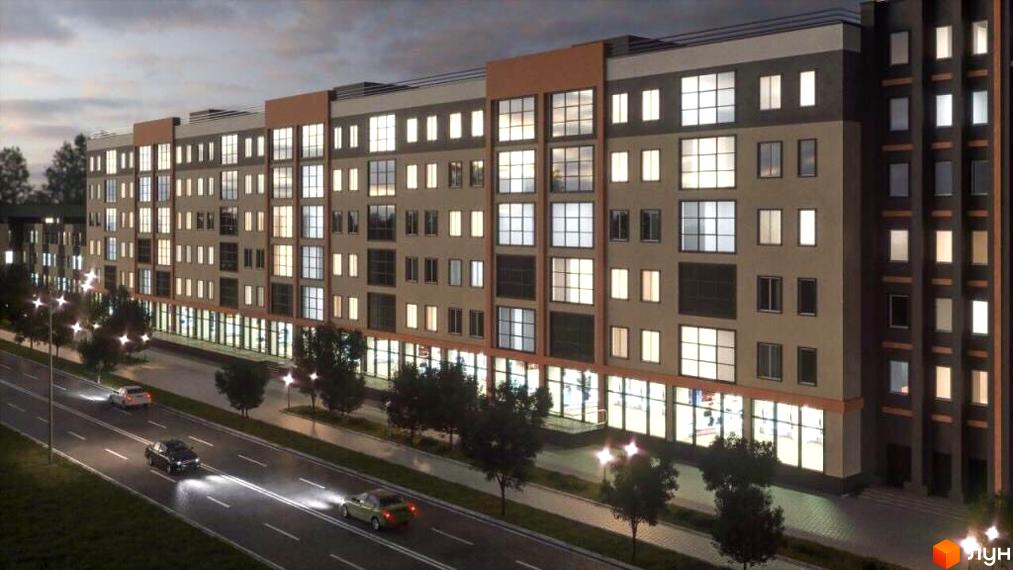 Житловий комплекс Парковий квартал. Багатоквартирний будинок з великими вікнами та комерційними приміщеннями на першому поверсі. Перед будинком дорога з автомобілями та дерева.