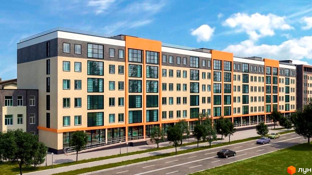 Зображення фасаду Житлового району Парковий квартал. Багатоповерхова будівля з великими вікнами та озелененою територією.