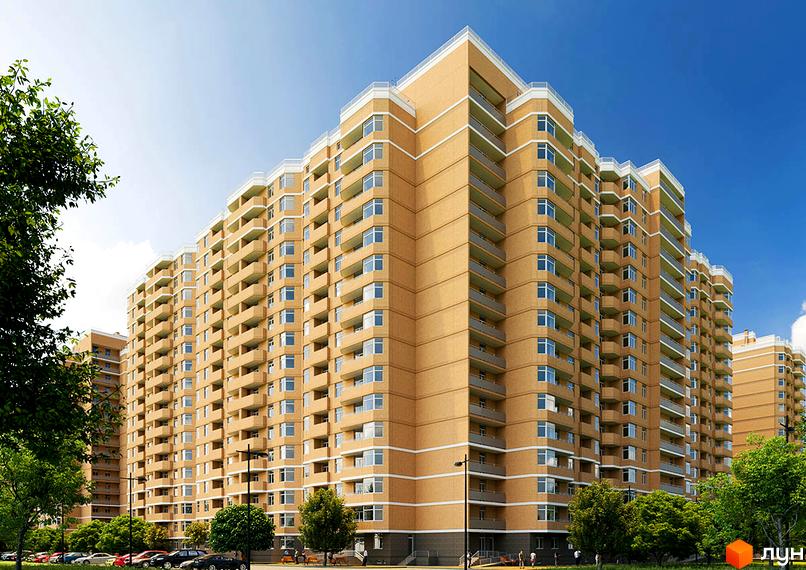 Житловий комплекс RealPark - це багатоповерховий будинок з балконами та великою кількістю вікон на тлі блакитного неба. Територія навколо будинку озеленена деревами, а біля нього припарковані автомобілі.